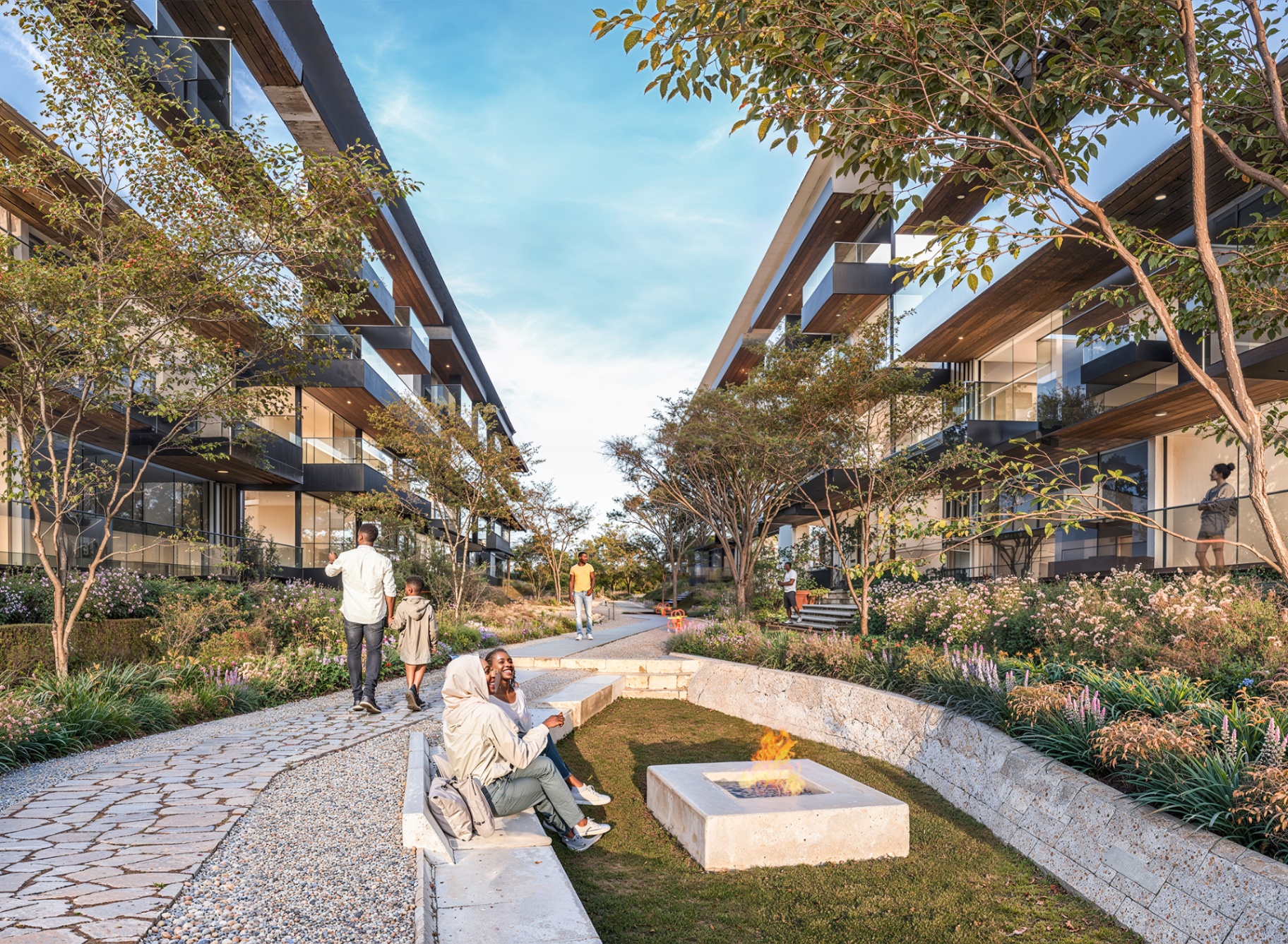 Luxury residential courtyard at golden hour
